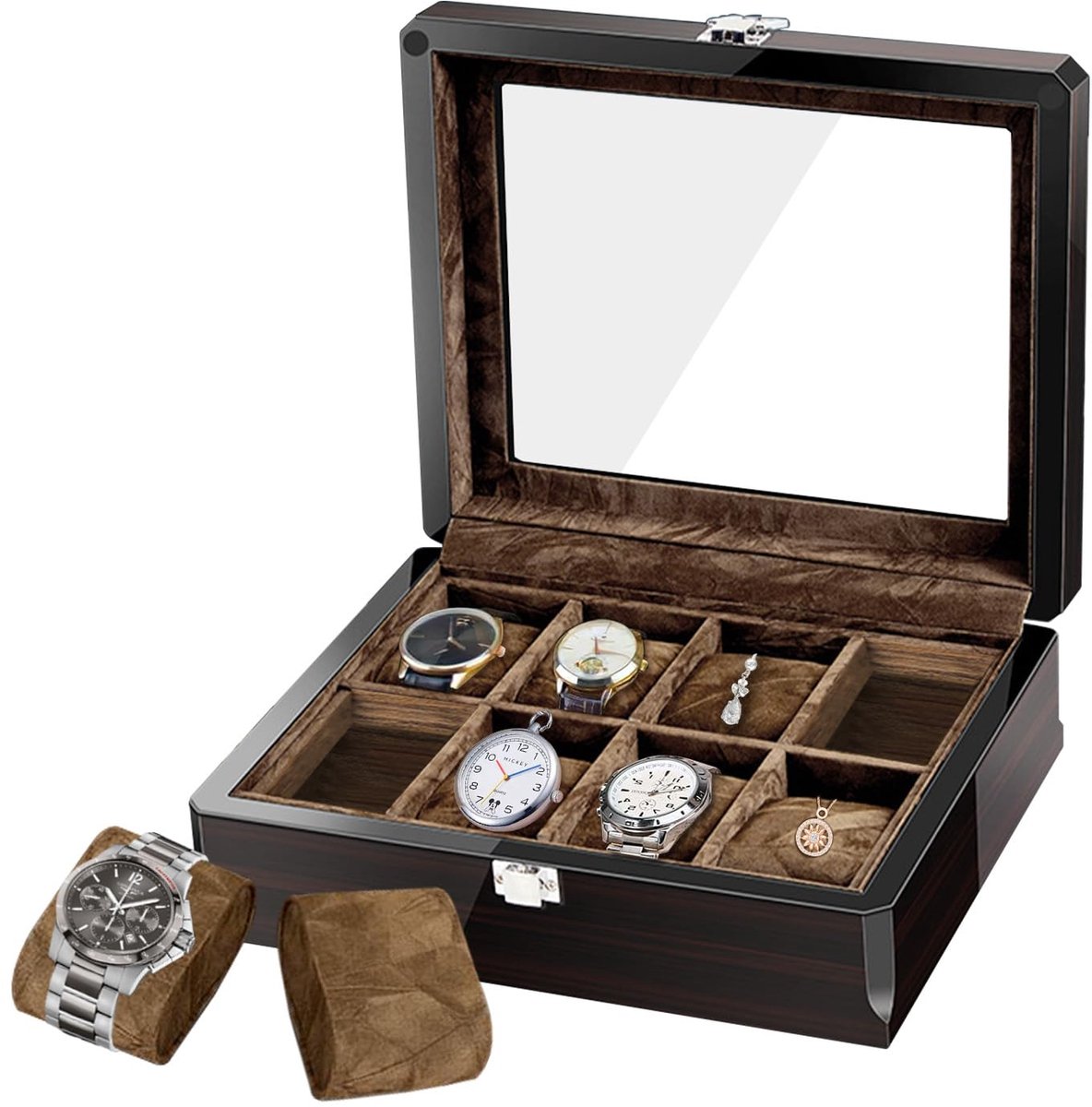 RichLuck Horlogebox met 8 vakken, horlogekast met groot glazen deksel, klassieke ebbenhouten horlogebox voor heren, opbergdoos met uitneembaar horlogekussentje, cadeau voor Vaderdag, jubileum. (Zwart)