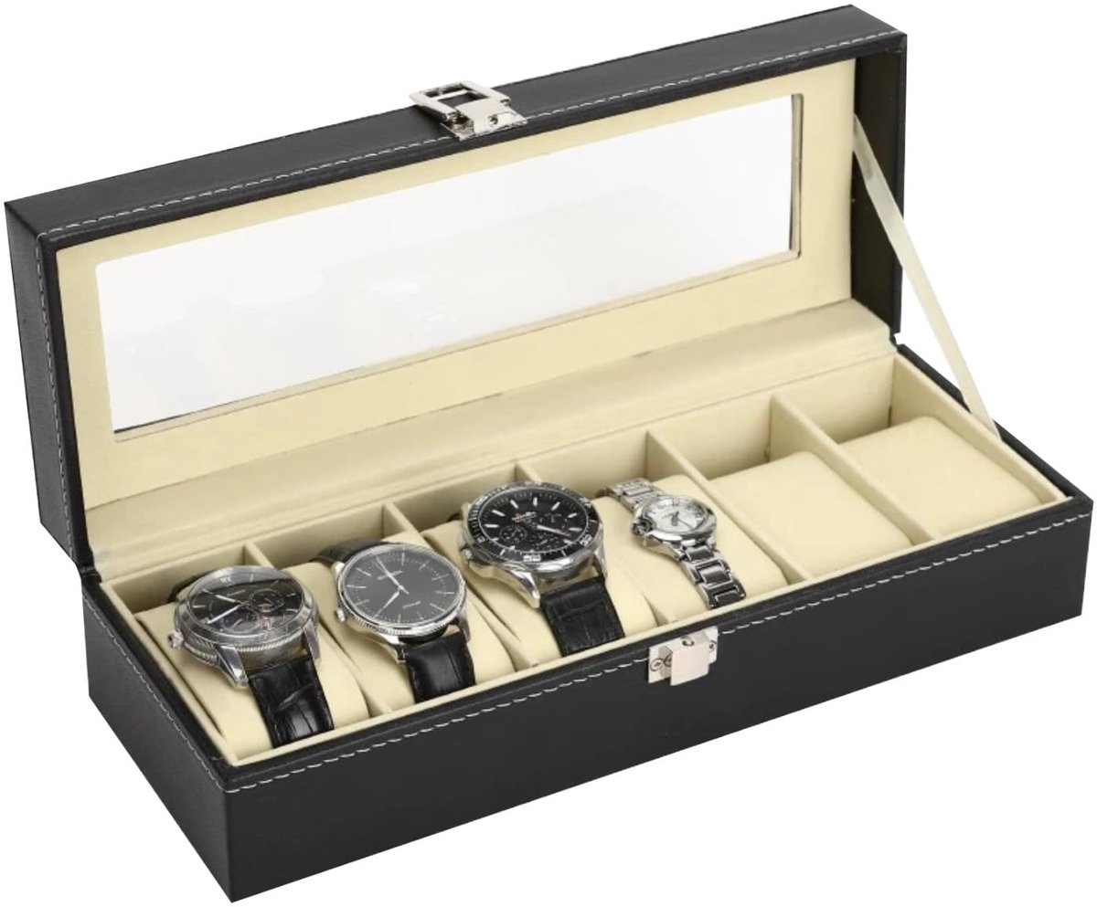 Dyaucwpo Horlogebox met 6 compartimenten, Horlogekast met uitneembare horlogekussentjes, Horlogebox met glazen deksel, Horlogebox, Horloge-opbergdoos Cadeau-idee voor verjaardag Vaderdag Kerstmis Zwart