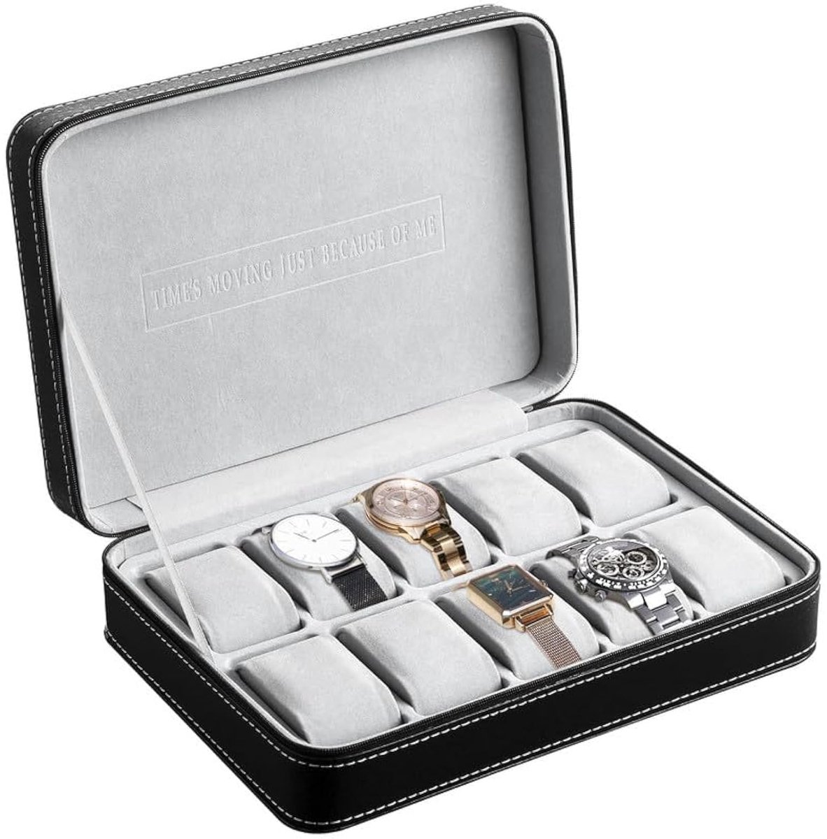 OSVINO Horlogebox 10 Horloges Heren Zwarte Horlogekast Horlogekussen Gemaakt van Fluweel, Reis Sieradendoos Horloge Opbergdoos Met Rits Gemaakt van PU Leer
