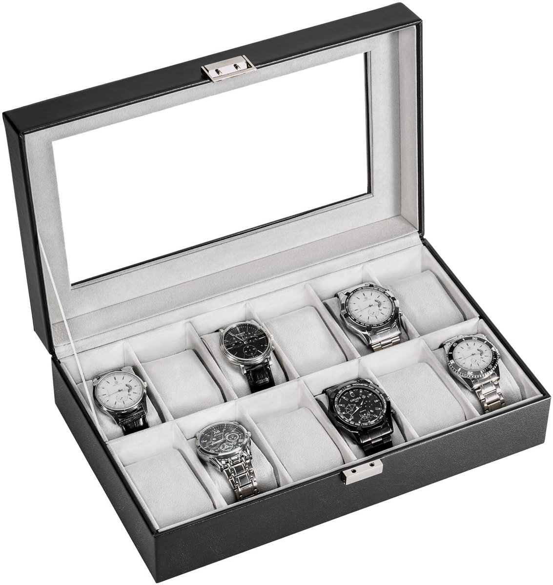 ProCase Horlogebox, Horlogekast met glazen deksel, Horlogekast met horlogekussentje, Horloge opbergruimte, Horlogebox PU leren horlogekast, Horlogebox - 12 compartimenten, Zwart