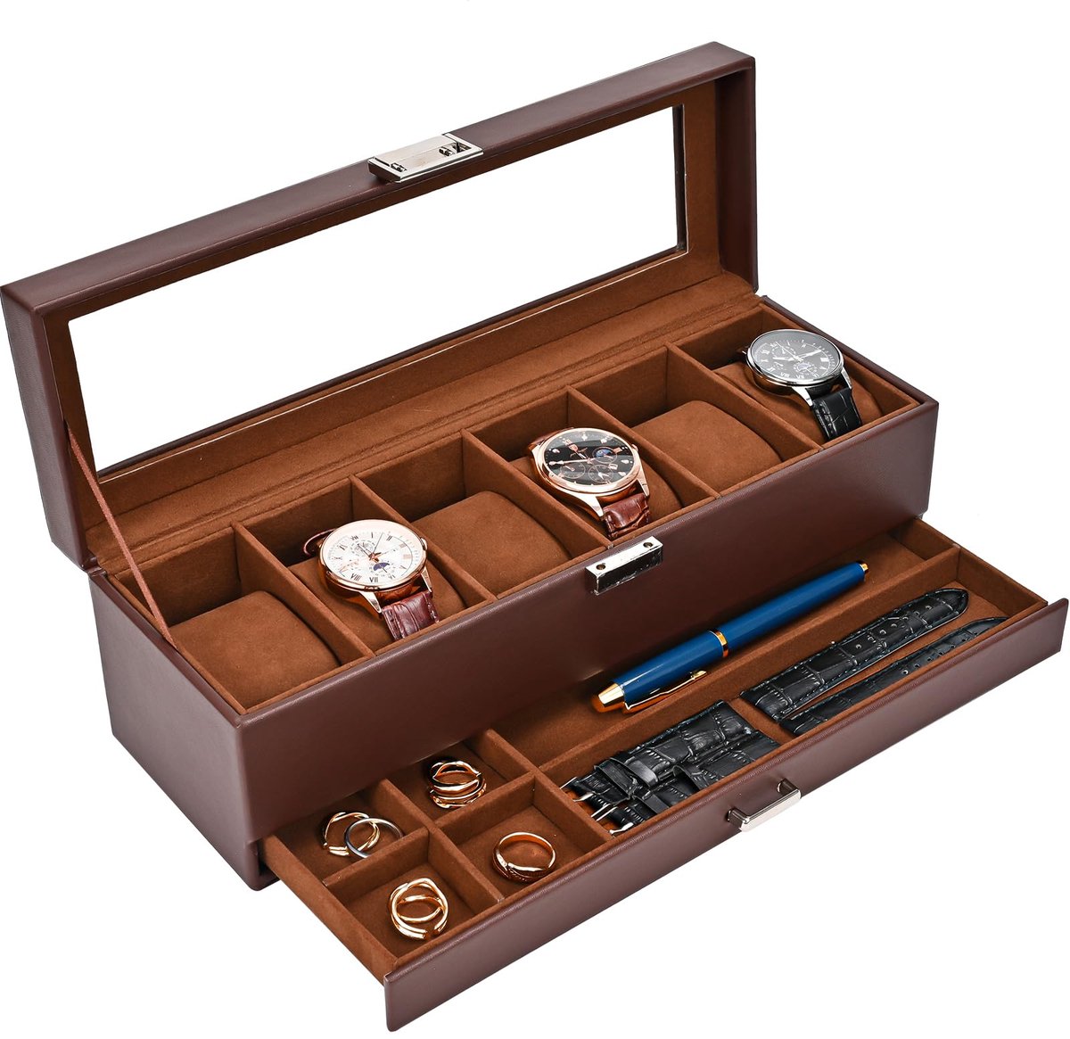 ProCase Horlogebox met 6 compartimenten, Horlogekast met glazen deksel, 2 niveaus, Horlogekast met uitneembare horlogekussentjes, Horlogebox voor sieraden, ringen, armbanden en kettingen - Espresso