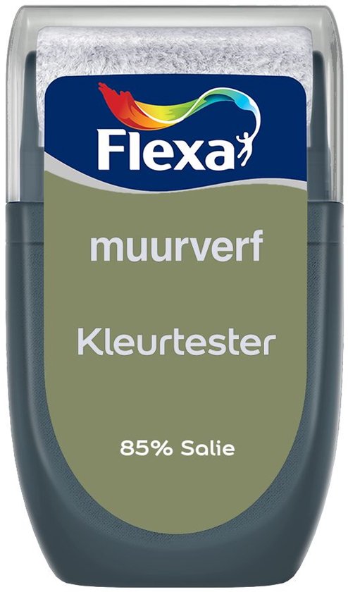 Flexa Kleurtester Muurverf 85% Salie in een transparante verpakking met logo.
