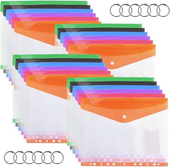 Foto: 24 stuks a4 kunststof hoesjes transparant a4 6 kleuren geperforeerde kunststof hoezen met drukknop voor het opbergen en organiseren