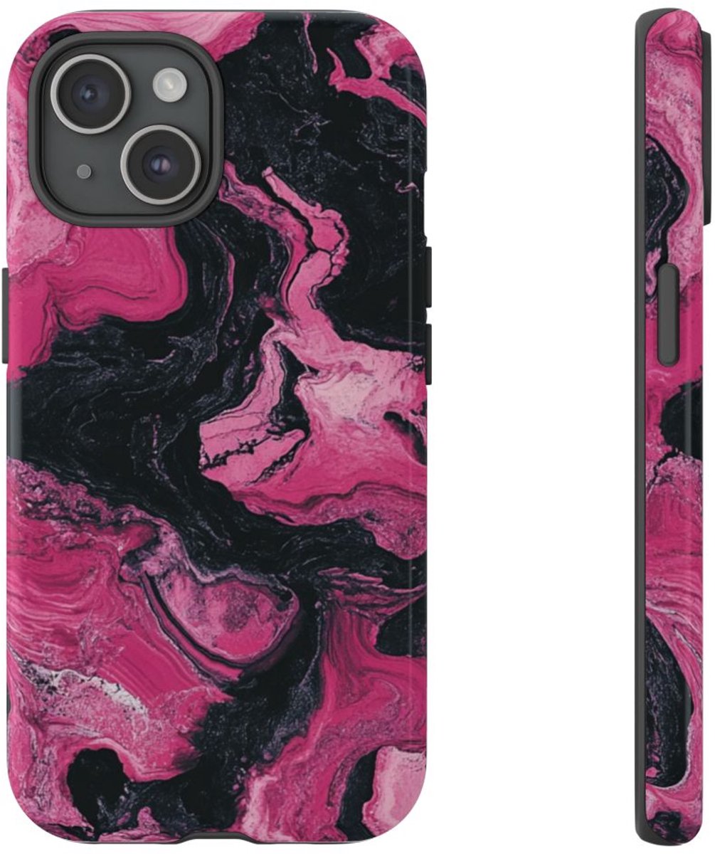 Roze en Zwarte Marmer Abstracte Textuur – Telefoonhoesje Geschikt voor iPhone 15