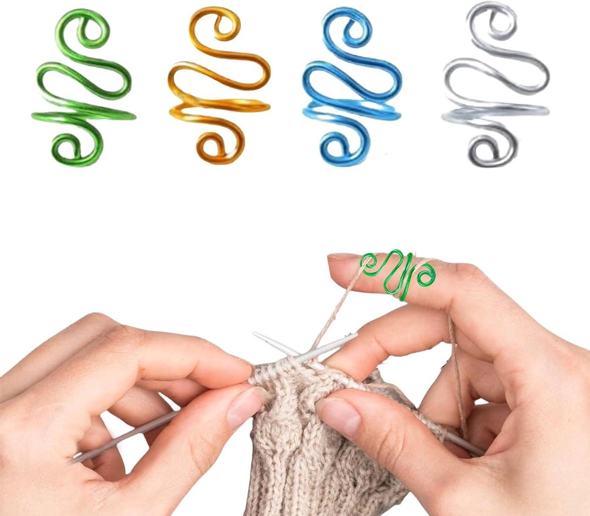 Set van 4 verstelbare gebreide lus haakringen - handige draadgeleider voor breiwerk - vingerbeschermer voor DIY - in groen, blauw, zilver en goud
