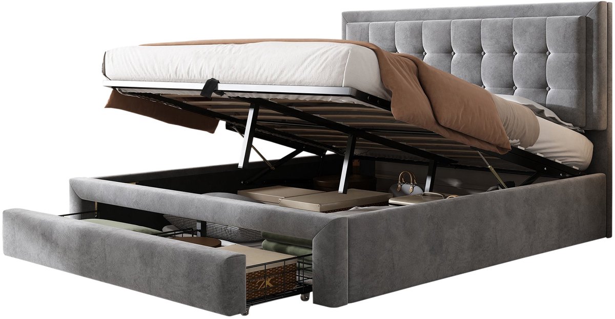 Merax Hydraulisch Opbergbed 140x200 in Velvet Grijs – Tweepersoonsbed met Lattenbodem en Lades