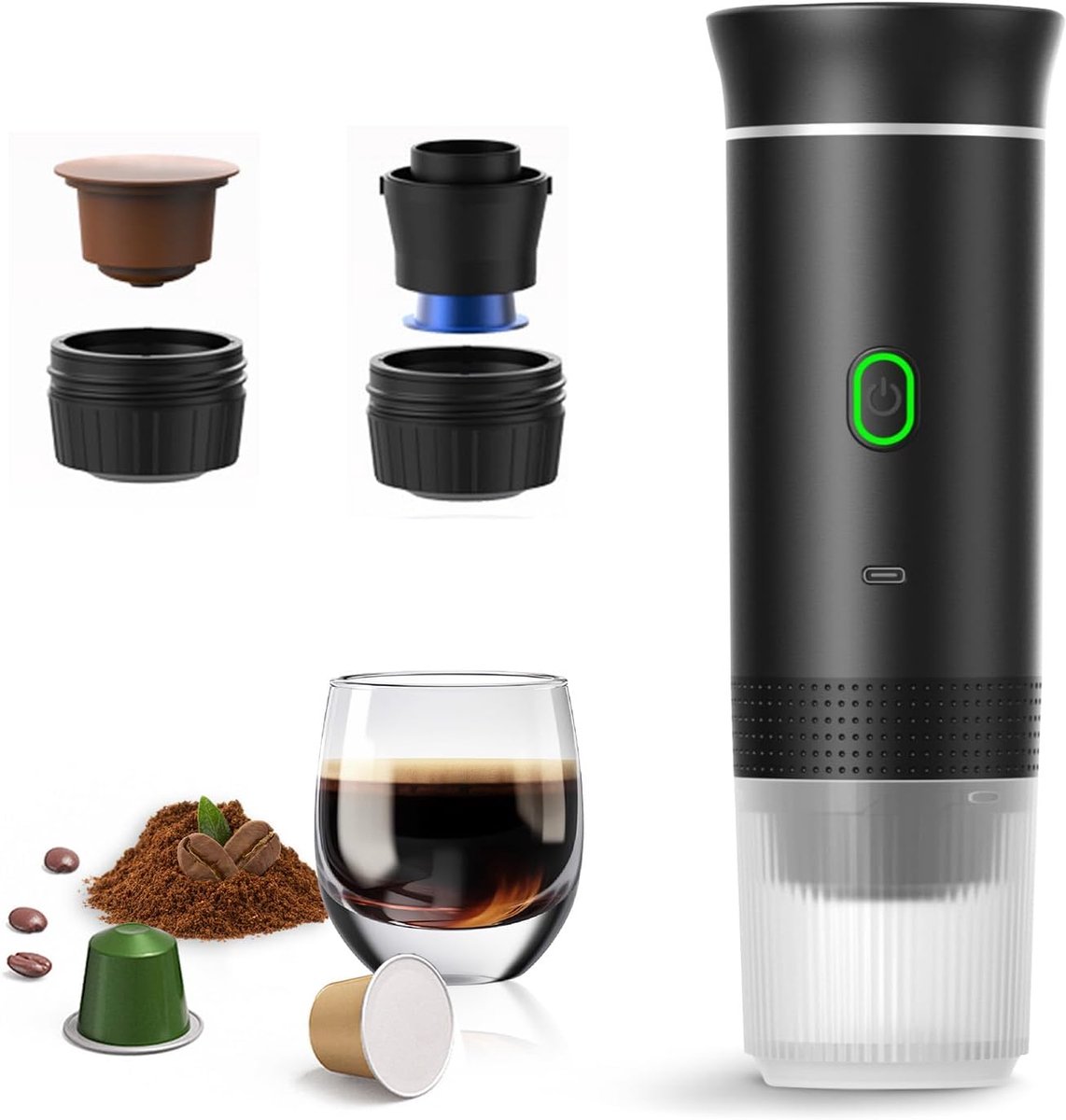 Draagbare elektrische espressomachine - Mini reiscamper - Geschikt voor gemalen koffie / capsules - Kampeer- en wandelkantoor - Oplaadbaar - Zwart