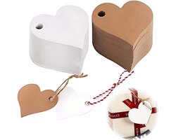 Geschenkhangers - 100 stuks hartvormige decoratie voor gastgeschenken. Inclusief kraftpapieren etiketten. Dubbelzijdige lege cadeaulabels voor prijskaarten en knutselprojecten.