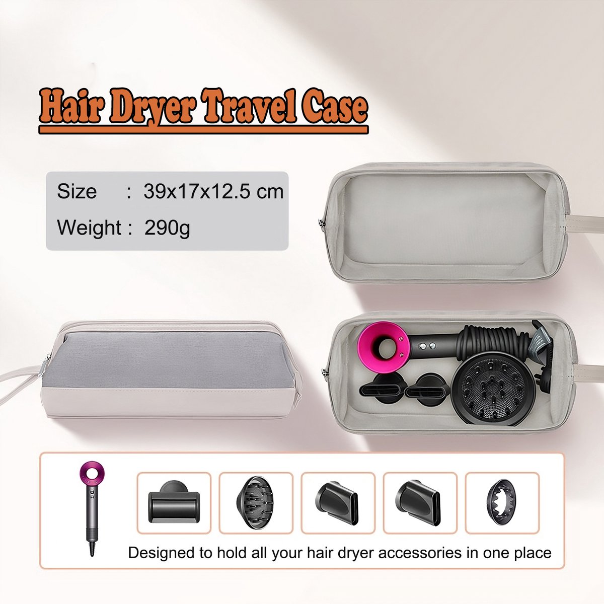 Rainbecom - Opbergtas voor Dyson Airwrap Haarstyler - 39x17x12.5 cm - Reisetui Supersonic - PU Leer & Fluweel - Waterdicht - Krasbestendig - Reistas voor Haarstylingtools – Lichtgrijs - Föhn, Haardroger, Föhnborstel, Krultang & Stijltang thumbnail 3