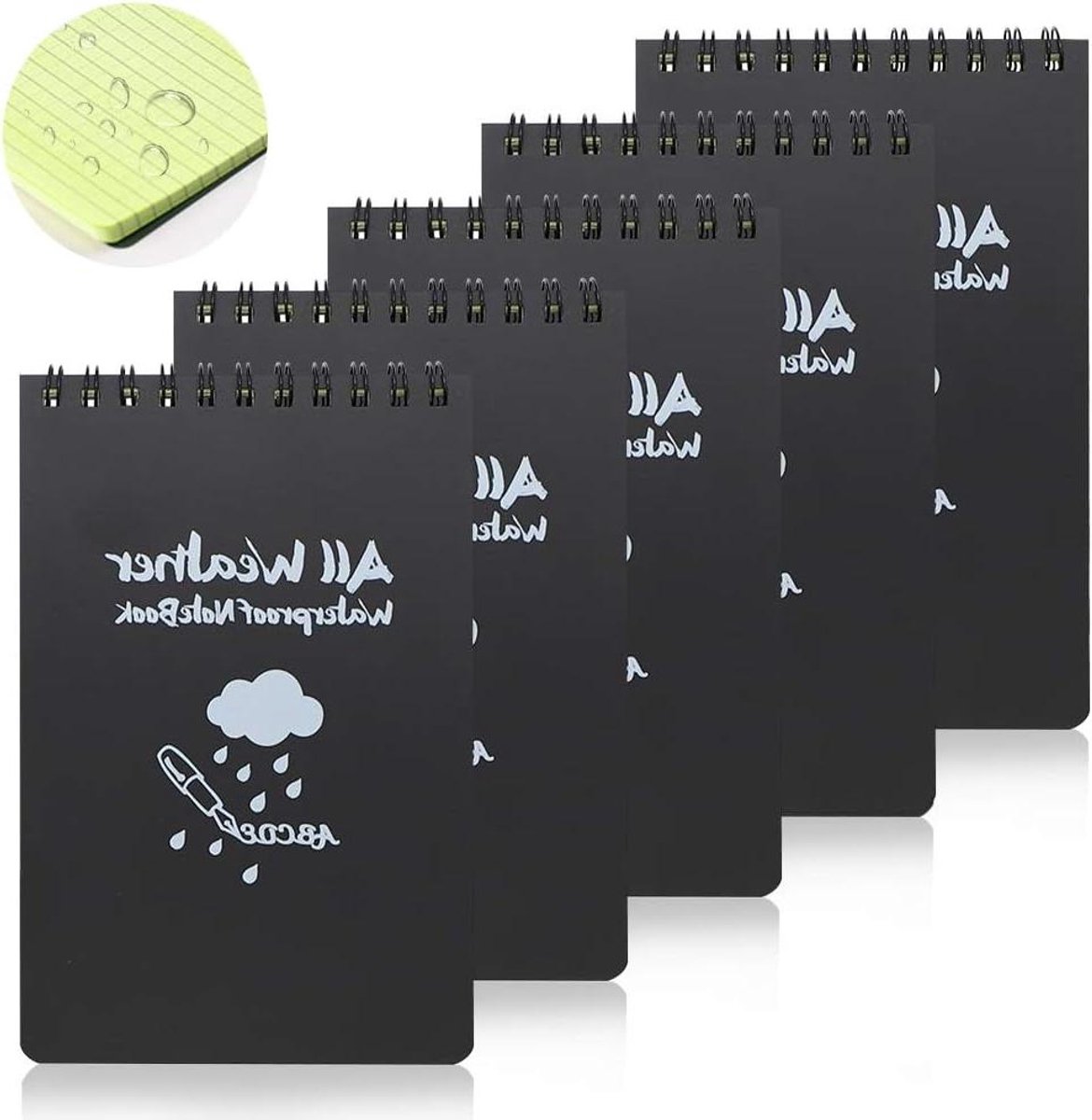 Inovra Plus - Waterdichte Notitieboeken 5-pack 15 x 10 cm - All-weather Memoblokjes voor Buitenactiviteiten met Spiraal en Raster - Zwart