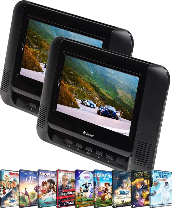Denver Draagbare DVD Speler Auto - Incl. 10 Films - 7 inch - 2 schermen - Incl. Hoofdsteunhouder - USB - MTW793