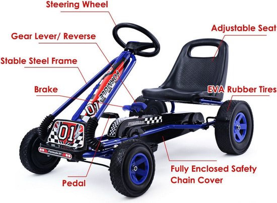 FANTASK Gokart met verstelbare zitting, trapauto tot 30 kg belastbaar, pedaal skelter, kindervoertuig voor kinderen vanaf 3 jaar (roze