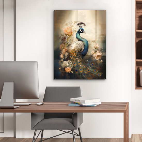 MuchoWow® Peinture sur verre - Paon - Plumes de paon - Fleurs - Vogels - Botanique - 60x80 cm - Peintures sur verre acrylique - Photo sur Glas