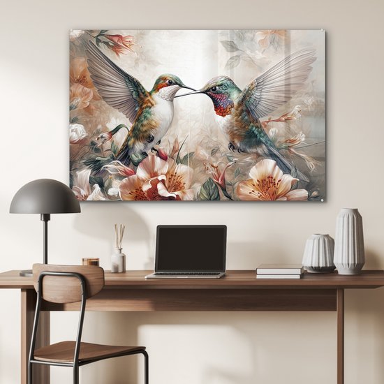 MuchoWow® Peinture sur verre 90x60 cm - Peinture sur verre - Colibri - Vogels - Fleurs - Nature - Photo sur verre acrylique - Peintures