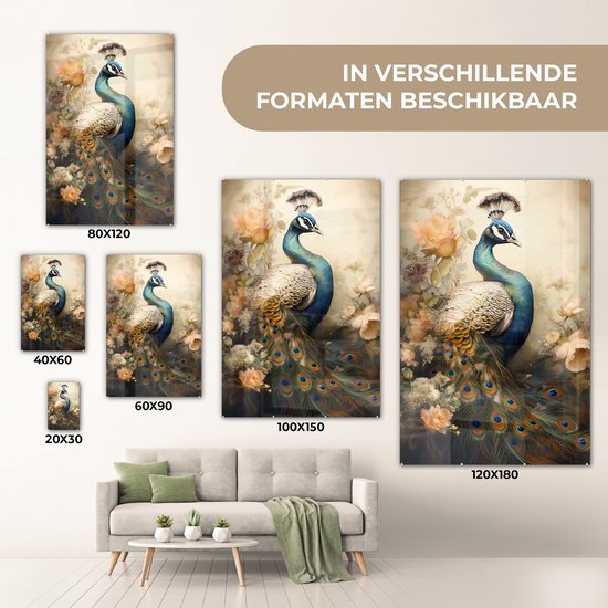 MuchoWow® Peinture sur verre - Paon - Plumes de paon - Fleurs - Vogels - Botanique - 80x120 cm - Peintures sur verre acrylique - Photo sur Glas