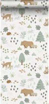 Papier peint ESTAhome forêt avec animaux de la forêt blanc, vert et beige - 139247 - 0,53 x 10,05 m