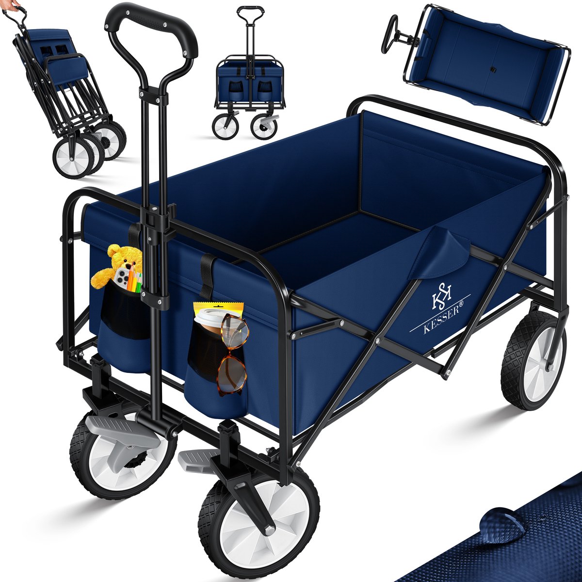 KESSER® Bolderkar opvouwbare Bolderwagen | incl. 2 netzakken Strandkar | PVC banden | tot 80 kg draagvermogen tuinaanhanger zonder dak - Blauw / Navy