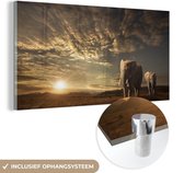 Glasschilderij - Olifant - Zonsondergang - Natuur - Dieren - Glasplaat - Foto op glas - Glasschilderijen woonkamer - Schilderij op glas - 160x80 cm - Muurdecoratie - Wanddecoratie - Slaapkamer - Kamer decoratie