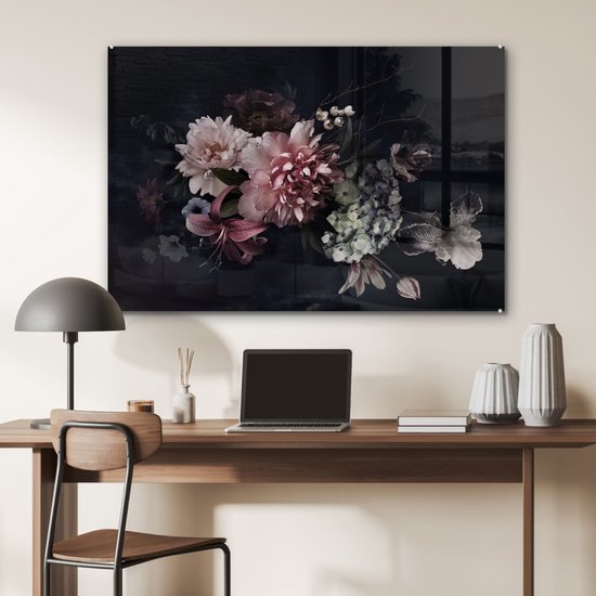 Peinture sur verre fleurs - Vintage - Pastel - Zwart - Bouquet - Peinture sur verre - Salon - 90x60 cm - Décoration fleurs - Décoration chambre - Décoration murale