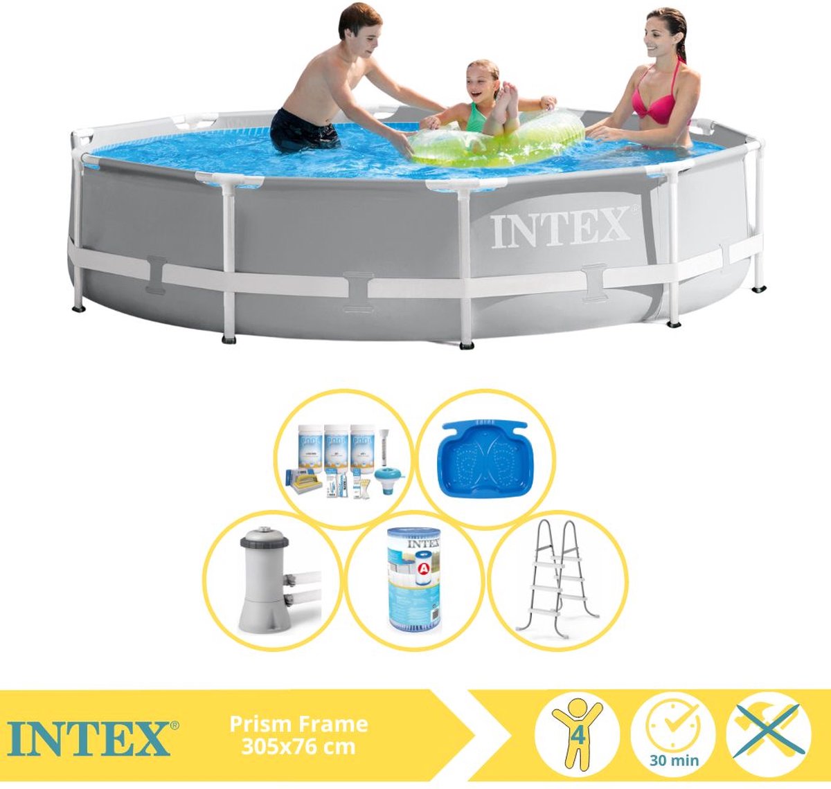 Intex Rond Prism Frame Zwembad - 366 x 76 cm - Grijs - Inclusief Pomp - Onderhoudspakket - Filter - Ladder - Voetenbad - 6-delig