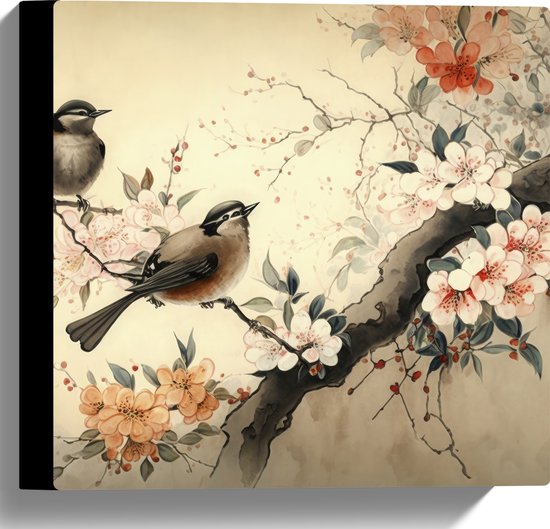 Canvas - Tekening van Tak met Vogels en Bloemen - 30x30 cm Foto op Canvas Schilderij (Wanddecoratie op Canvas)