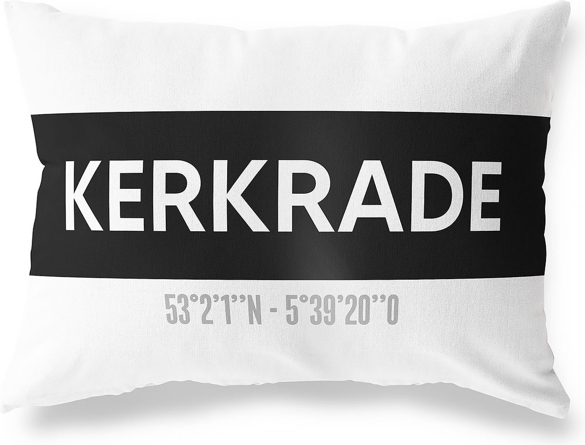 Tuinkussen KERKRADE - LIMBURG met coördinaten - Buitenkussen - Bootkussen - Weerbestendig - Jouw Plaats - Studio216 - Modern - Zwart-Wit - 50x30cm