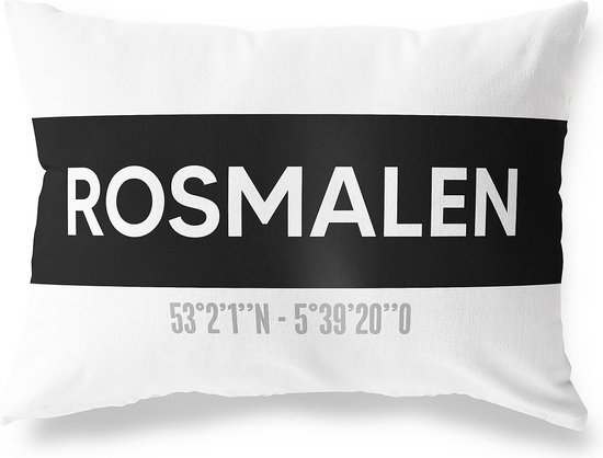Tuinkussen ROSMALEN - NOORD-BRABANT met coördinaten - Buitenkussen - Bootkussen - Weerbestendig - Jouw Plaats - Studio216 - Modern - Zwart-Wit - 50x30cm