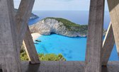 Fotobehang - Vlies Behang - Shipwreck Beach Terraszicht 3D - Navagio Beach Zakynthos - 208 x 146 cm