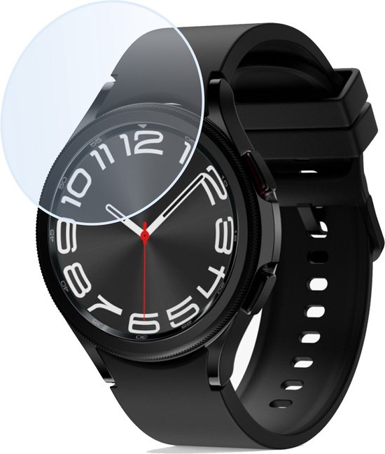 Zwarte smartwatch met glazen screenprotector, zilveren wijzers, witte cijfers en een transparant gedeelte.