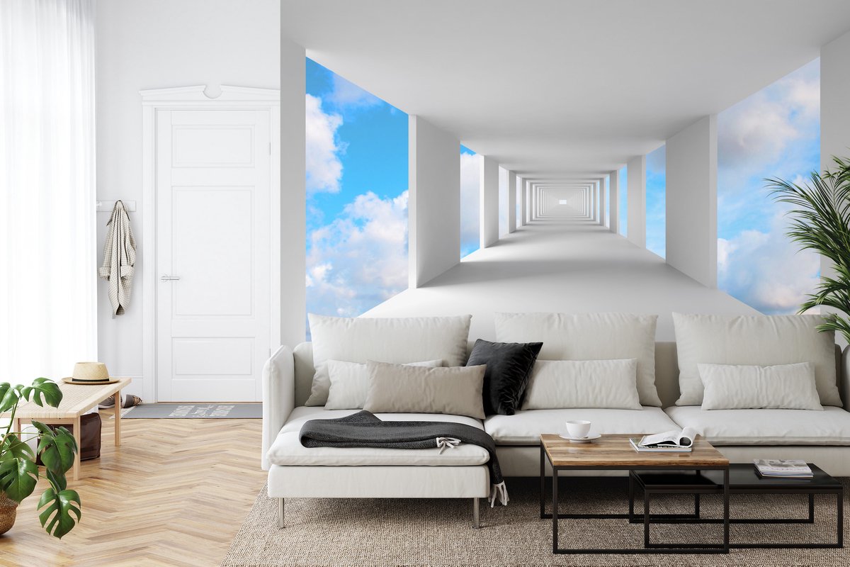 Feeby Fotobehang XXL Strandpad 140x100 cm Blauw Inclusief Lijm Vliesbehang Muurschildering Muur Behang Woonkamer Slaapkamer Noordzee Oostzee Keuken Uitzicht Vanuit Het Raam 3D Illusie