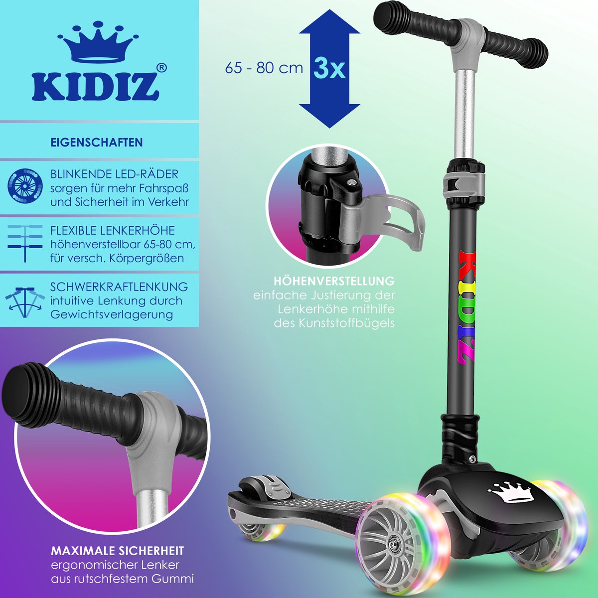 KIDIZ® Kinderstep - 3 wielen Step - Scooter - Kinderscooter X-Pro2 met PU LED oplichtende wielen Opvouwbaar pedaal Kinderstepjes in hoogte verstelbare City Scooter voor jongens en meisjes 3-12 jaar - Zwart