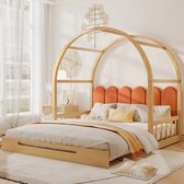 Uitbreidbaar gewelfd dakbed-uitschuifbed- Cot Day Bed tweepersoonsbed, fluwelen rugleuning Gestoffeerd bed-grenenhouten frame- Natural & Oranje (140x100cm&140x200cm)
