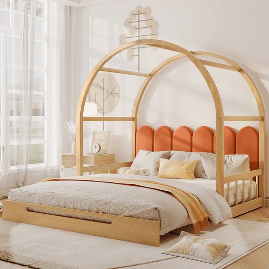 Lit gigogne extensible avec toit voûté - lit de jour lit double, dossier rembourré en velours - cadre en bois de pin - Natural et Oranje (140 x 100 cm et 140 x 200 cm)