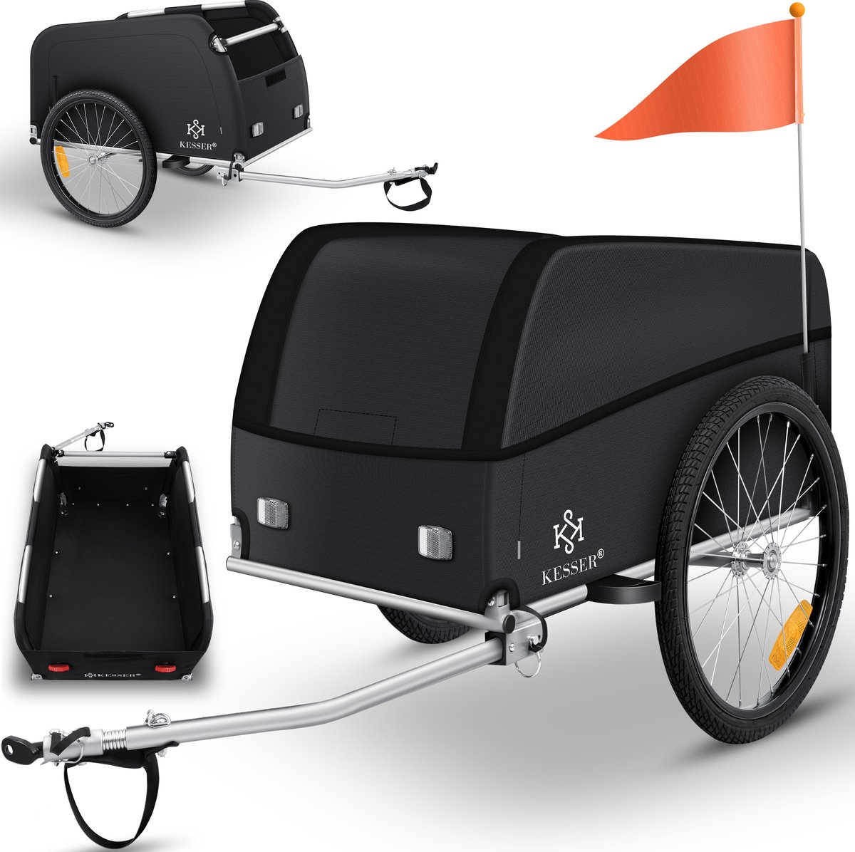 KESSER® Fietskar Fietsaanhanger met koppeling Bagagefietskar, Incl. afdekking Inklapfunctie Hoge dissel Aanbouwdelen Aanhangwagen voor fiets Transportbox met 120 Liter Max. 40 kg - Zwart / Antraciet