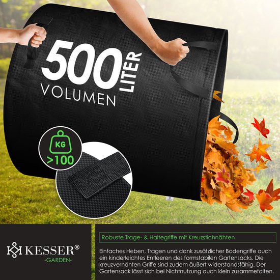 KESSER® Tuinafvalzak Tuinzak Set Bladzak incl. Handschoenen - Zelf Staand 4 Handvatten Stabiel Robuust & Opvouwbaar - Bladzakken Maaisel Tuinzakken voor Tuinafval Groenafval - 6x 500 Liter, Zwart van KESSER — afbeelding 2