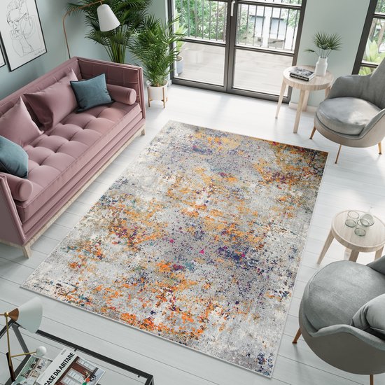Tapiso Denver Vloerkleed Grijs Oranje Woonkamer Tapijt Maat- 160×230