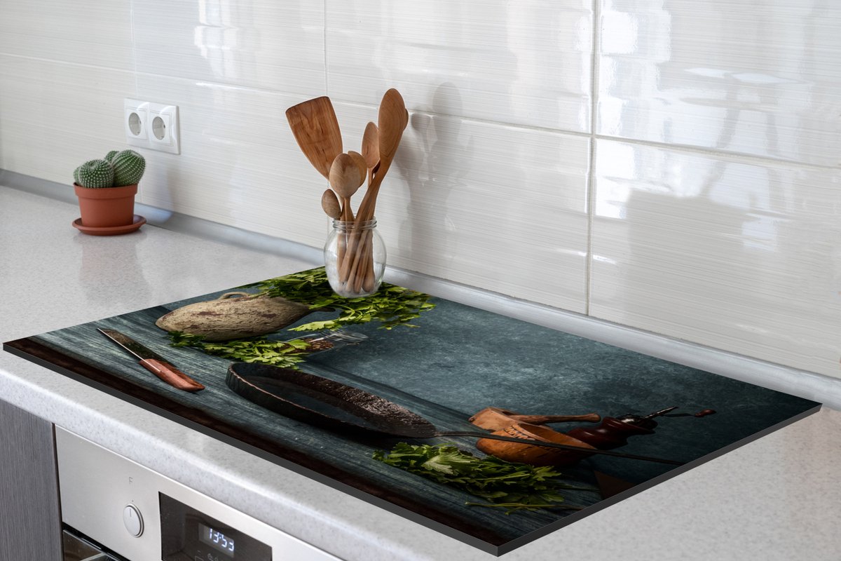 KitchenYeah© Inductie Beschermer 91x52 cm Keuken Decoratie Kookplaat Beschermer voor Inductiekookplaat Afdekplaat Anti Slip Mat - Hout - Vaas - Kleuren - Bloemen