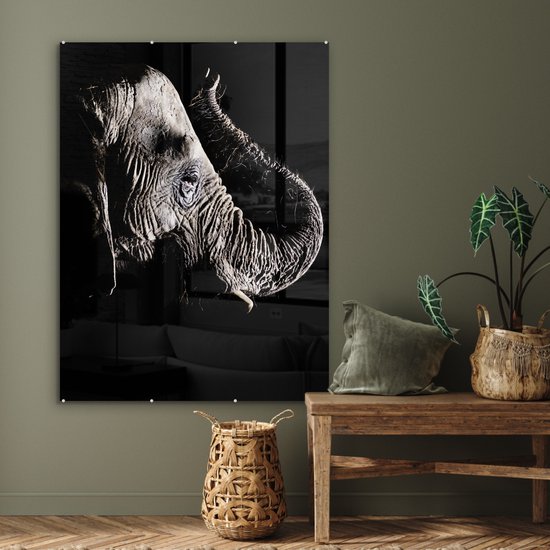 MuchoWow® Peinture sur verre 90x120 cm - Peinture sur verre acrylique - Éléphant - Zwart - Animaux - Nature - Photo sur verre - Peintures