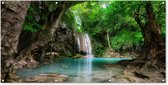 Wanddecoratie buiten Jungle - Waterval - Planten - Water - Natuur - 160x80 cm - Tuindoek - Buitenposter