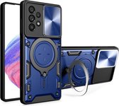 Hoesje met Camera Slider Geschikt voor de Samsung Galaxy A53 - Back Cover met Standaard - Uitklapbare Kickstand Ring - Beschermhoes TPU - Magneet voor Auto Houder Blauw
