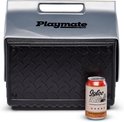 Zwarte koelbox met een geruit patroon op de voorkant en een zilverkleurige bovenkant met 'Playmate Igloo' logo. Een Igloo-blikje staat ernaast.