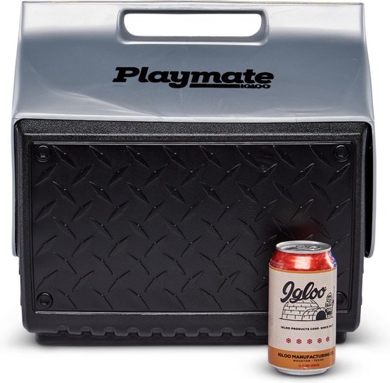 Zwarte koelbox met een geruit patroon op de voorkant en een zilverkleurige bovenkant met 'Playmate Igloo' logo. Een Igloo-blikje staat ernaast.