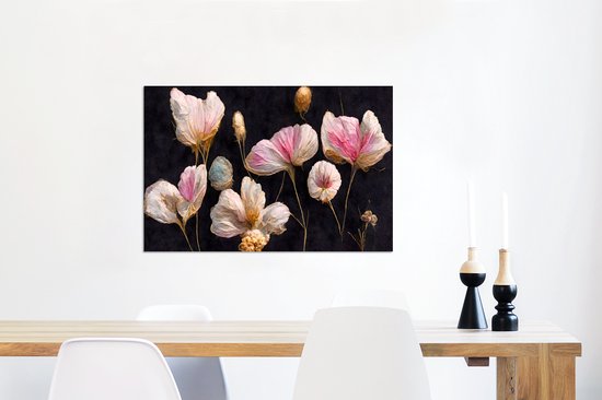 Aluminium schilderij 90x60 cm - Wanddecoratie metaal - Bloemen - Planten - Roze - Zwart - Metalen muurdecoratie woonkamer - Decoratie industrieel - Foto op dibond - Industriële accessoires slaapkamer