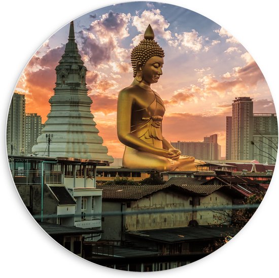 PVC Schuimplaat Muurcirkel - Gouden Boeddha voor Wat Paknam Phasi Charoen in Bangkok, Thailand - 60x60 cm Foto op Muurcirkel (met ophangsysteem)