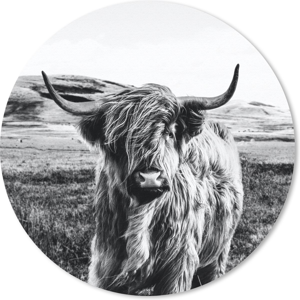 Muismat rond 40x40 cm - Mousepad Zwart - Wit - Schotse Hooglander - Gras - Ronde muismatten