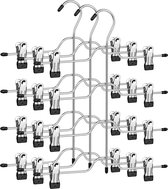 Luxe Kledinghangers Devika - Broekhangers - Zilver - Stevige kledinghanger - set van 3 meervoudige metalen hangers - voor 4 broeken - met 8 verstelbare clips