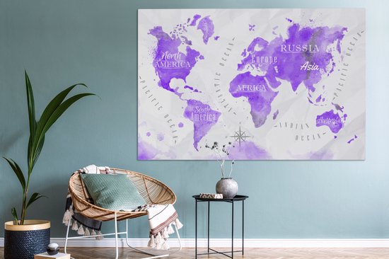 Peintures sur toile Wereldkaart - Peinture à l'huile - Violet - 150x100 cm - Décoration murale
