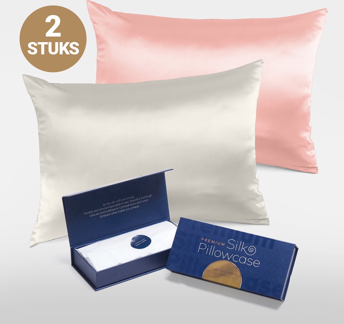 Slowwave Premium Silk Pillowcase - Extra voordelig colorpack: Cherry Blossom (roze) en Off White (gebroken wit) - Ervaar het beste zijden kussensloop - 100% Mulberry zijde - 22 momme - Hoogste kwaliteit (grade 6A) - 60x70cm