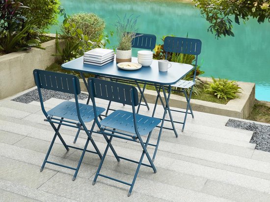 MYLIA Salon de jardin pliable en métal : 1 table L110 cm et 4 chaises -  Bleu canard -... | bol.com