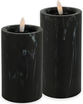 LED kaarsen/stompkaarsen - set 2x - zwart marmer look - H12,5 en H15 cm - timer - warm wit